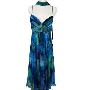 Rare Vintage Diane Freis Pure Silk Hand Beaded Mermaid Dress with Scarf Size 6